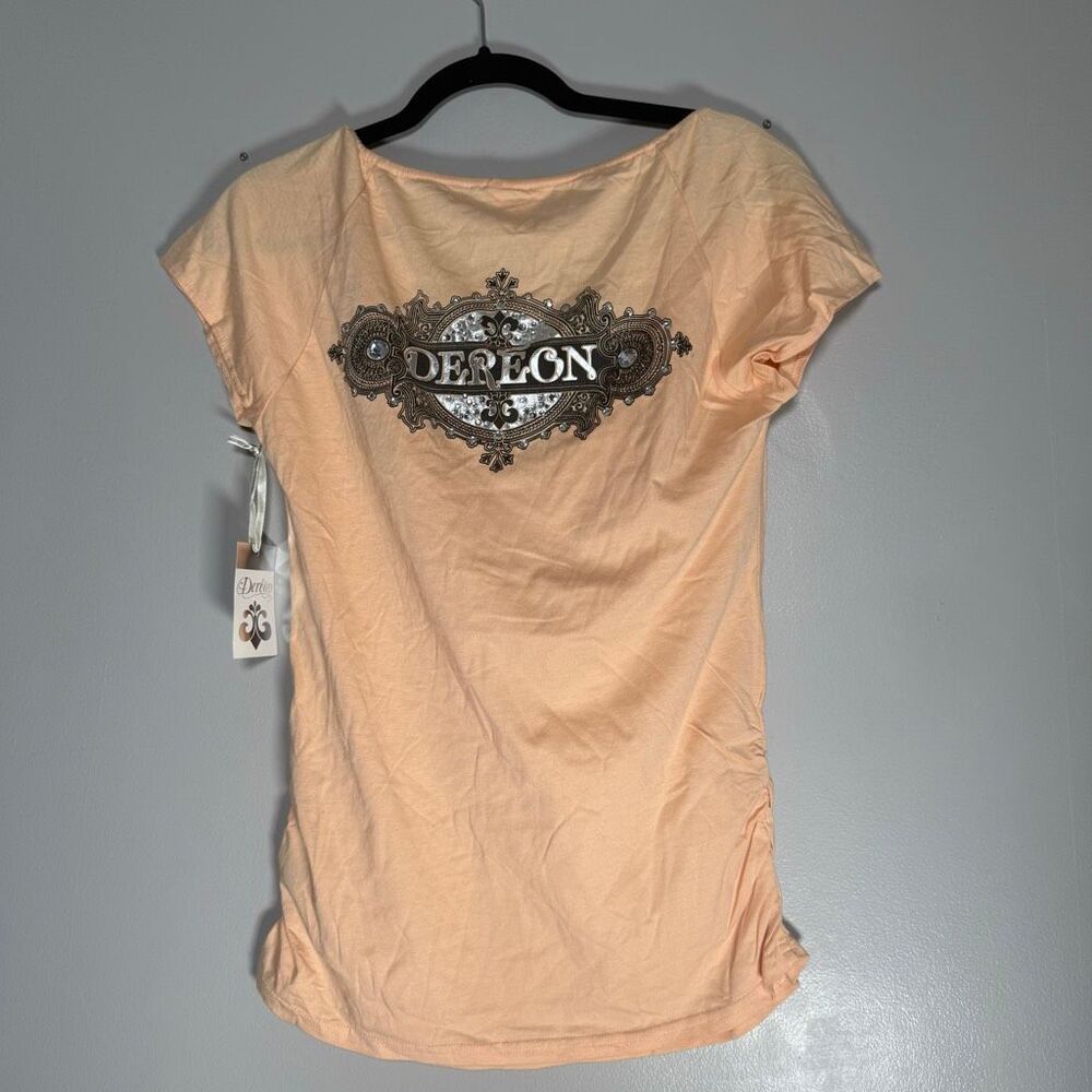 NWT Dereon Peach Tie-Front Ruched Top Ornate Crest Logo Y2K